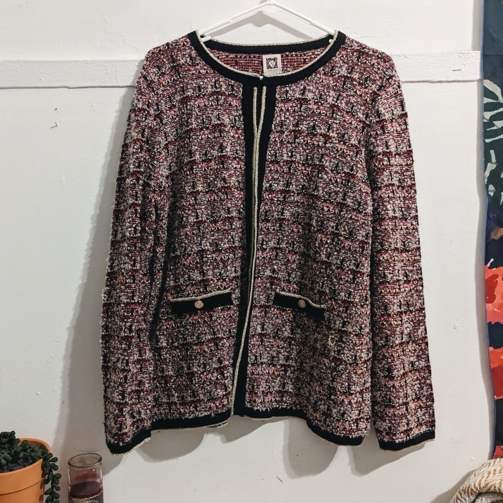 Anne Klein Metallic Tweed Boucle Sweater Cardigan Jacket